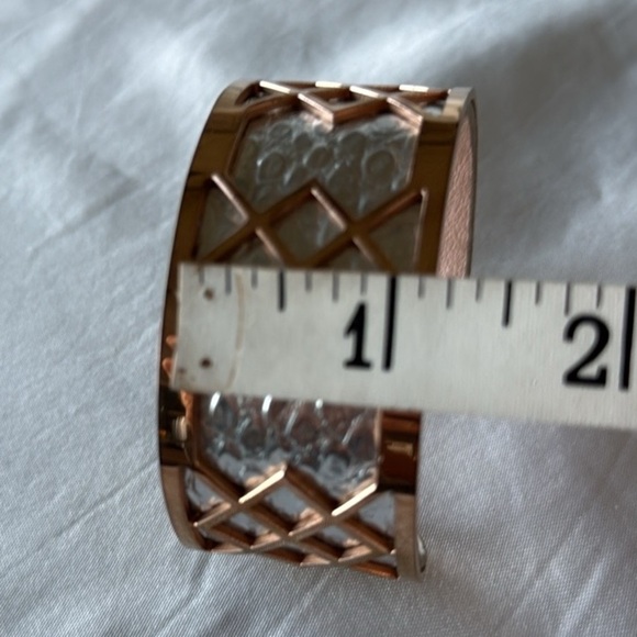 Modern Rose Gold & Silver Tone Snakeskin Textured Lattice Cuff Bracelet - Picture 9 of 11